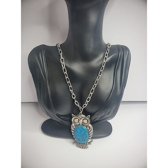 Vintage Silver Tone Owl Pendant Chain Necklace Blue Stone Jewelry Costume - Picture 5 of 12